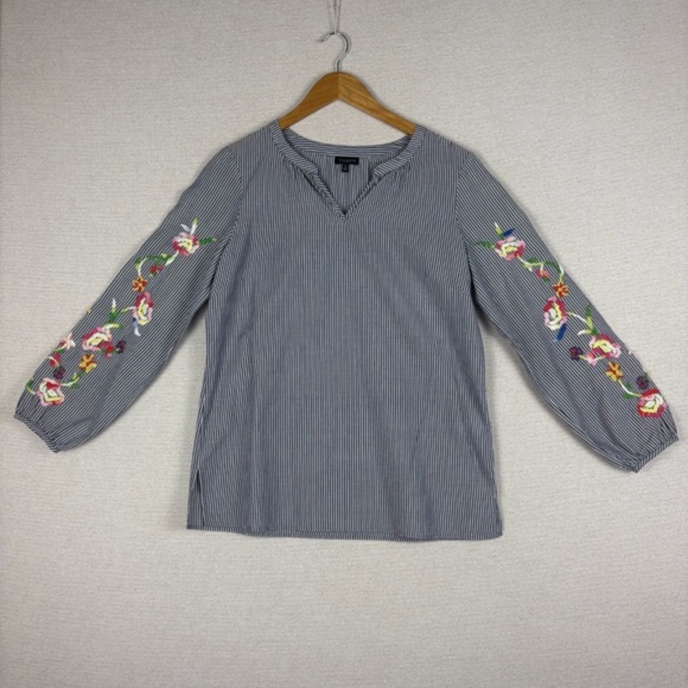 Talbots Blouse Womens S Long Sleeve Pinstripe‎ Embroidered Floral Coastal Preppy